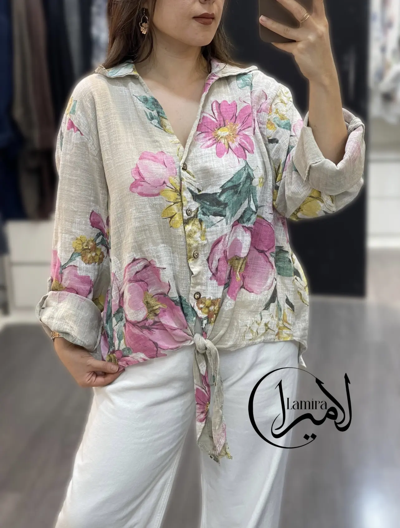 شومیز لینن ایتالیایی جلو گره ای ❌طرح پیچک